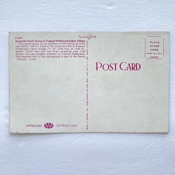 c1950 Seminole Indian Chief Sam Family Tropical Hobbyland Miami Postcard NOS - Picture 4 of 4